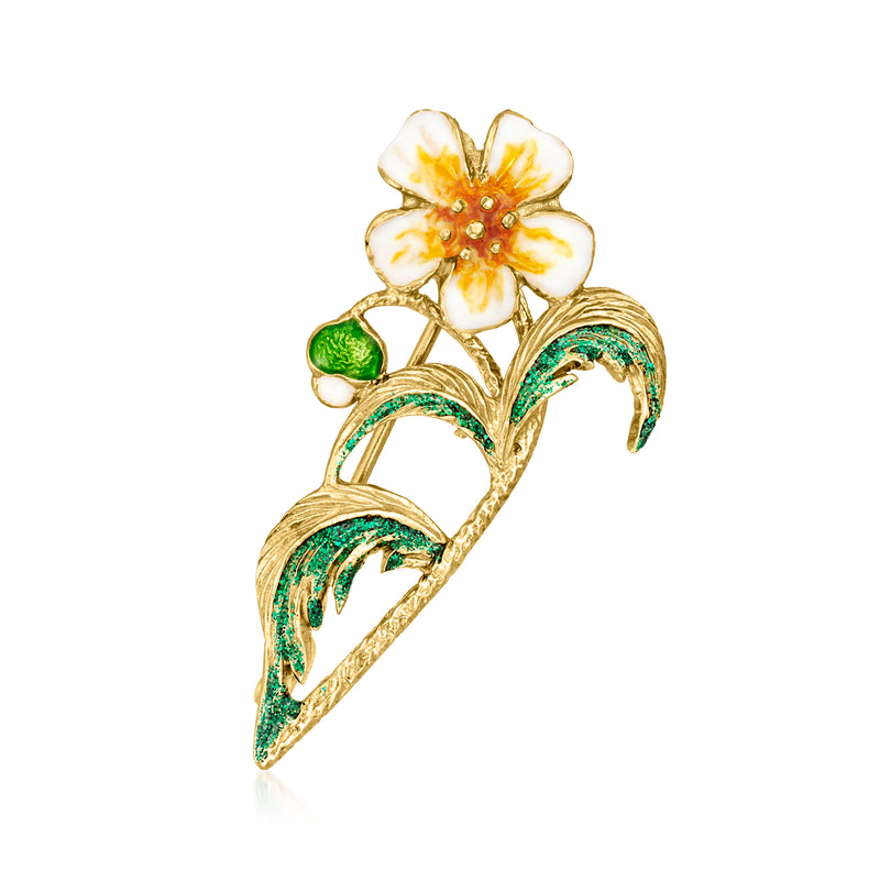 Multicolored enamel flower pin with white and yellow blossom, green leaves on gold-tone base
