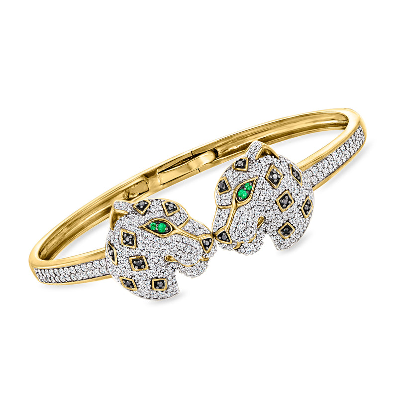 Gold over sterling leopard cuff bracelet with diamond-studded heads and green emerald eyes