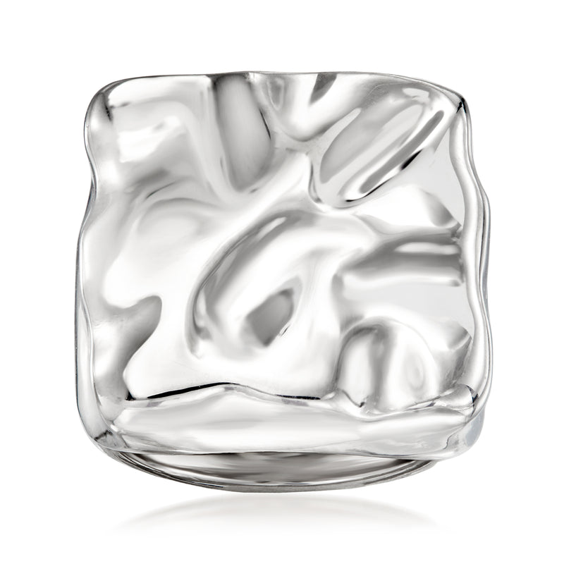 Sterling silver ripple square-top ring with polished textured top