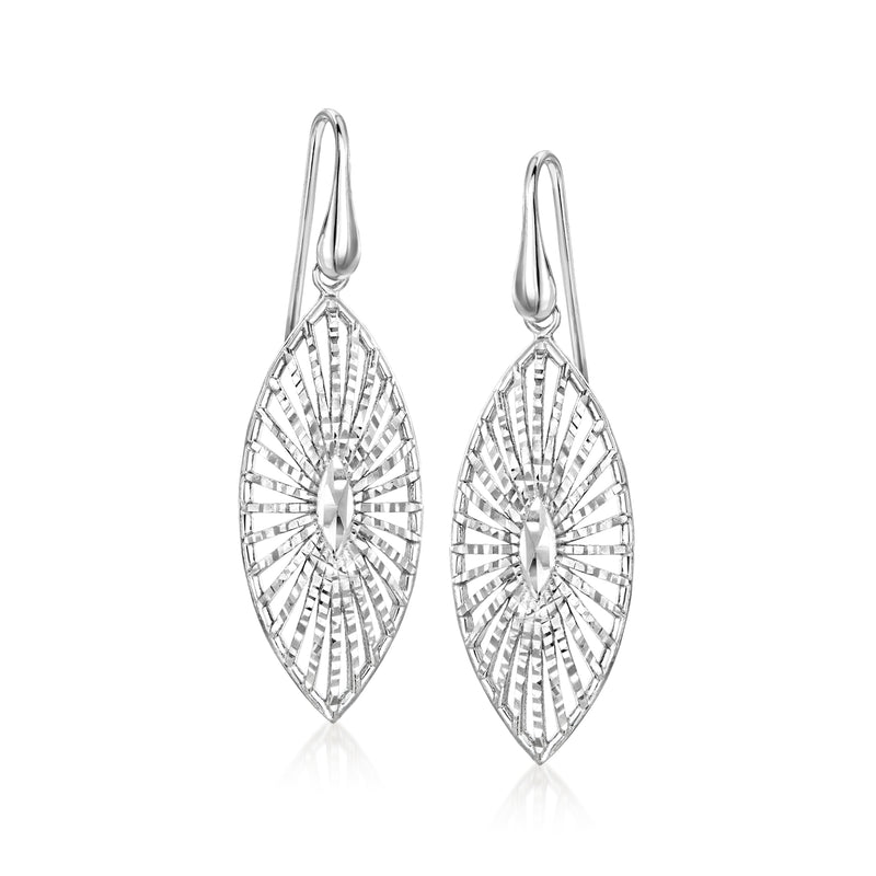 Sterling silver diamond-cut navette drop earrings, oval openwork fan pattern, earwire