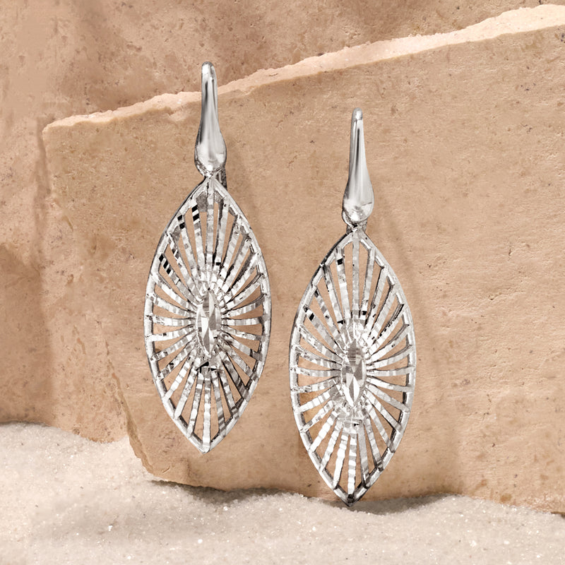 Sterling silver diamond-cut navette drop earrings with earwire, oval openwork design