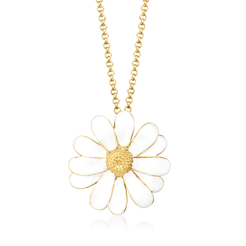 Enamel daisy pendant necklace with gold-tone chain and white flower petals