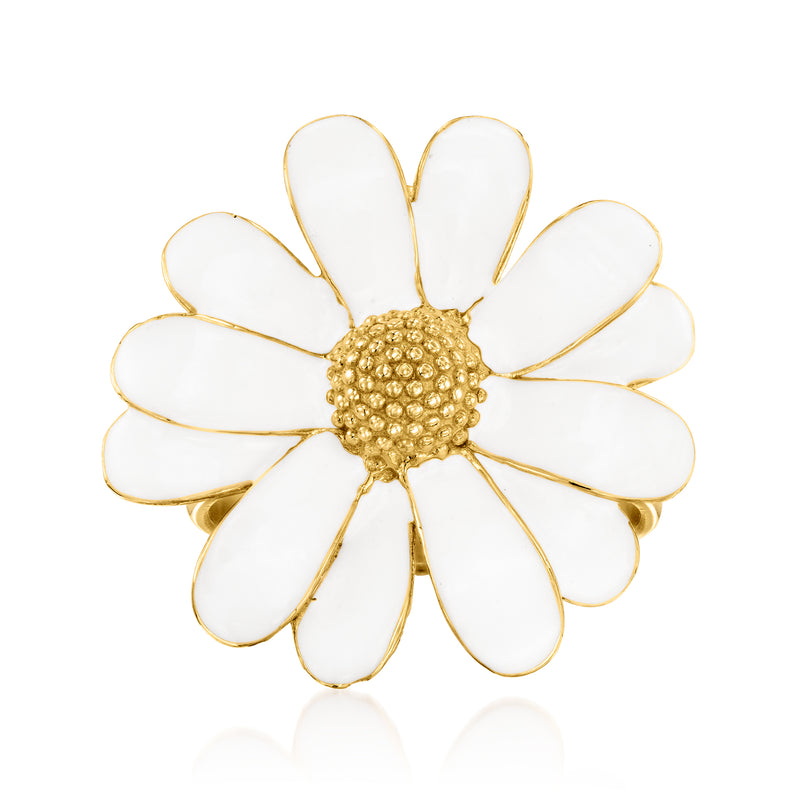 White enamel daisy flower ring with gold-tone petals and textured center
