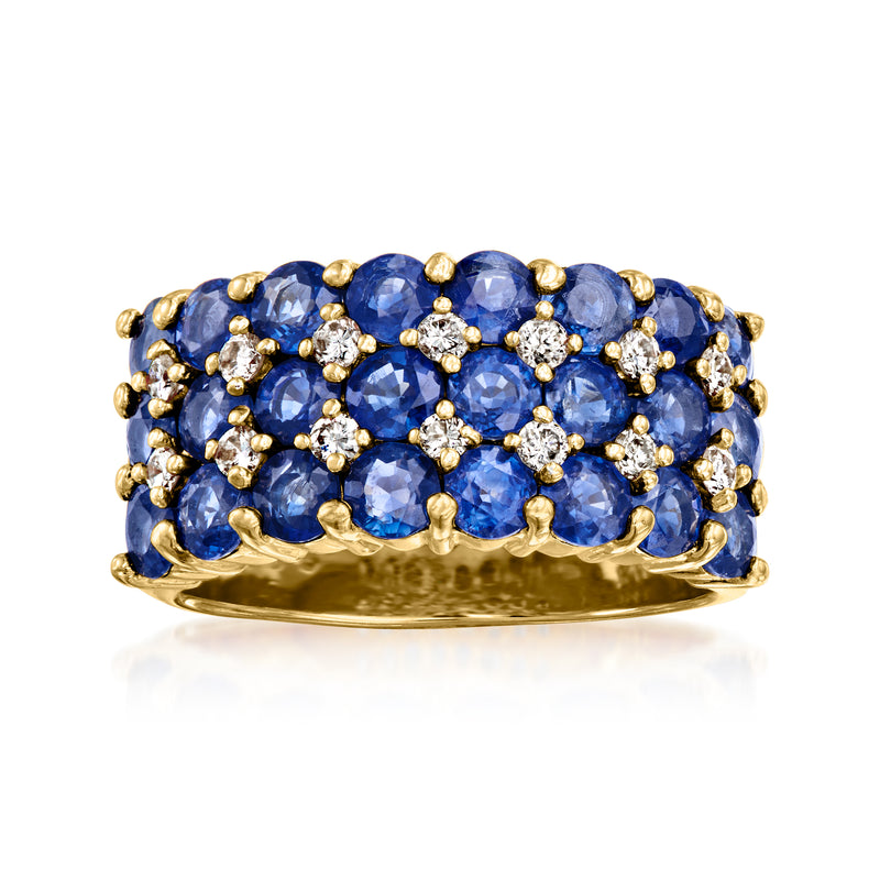 18kt yellow gold vintage cluster ring with blue round sapphire stones and diamond accents