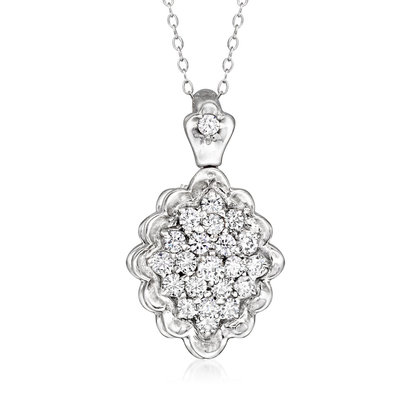14kt white gold diamond cluster pendant necklace, ornate floral quatrefoil style