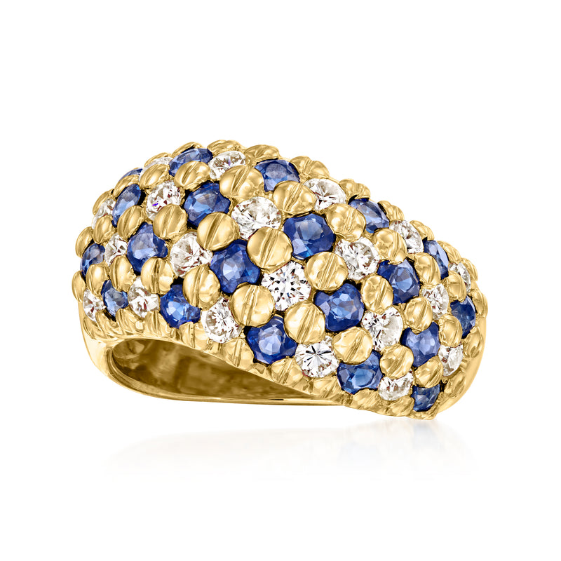 18kt yellow gold wave ring with blue sapphires and diamond accents