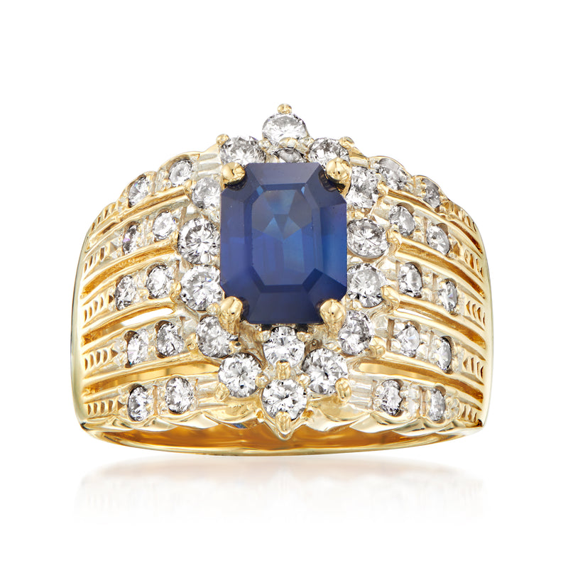 18k yellow gold multi-row ring with blue square sapphire and round diamond halos