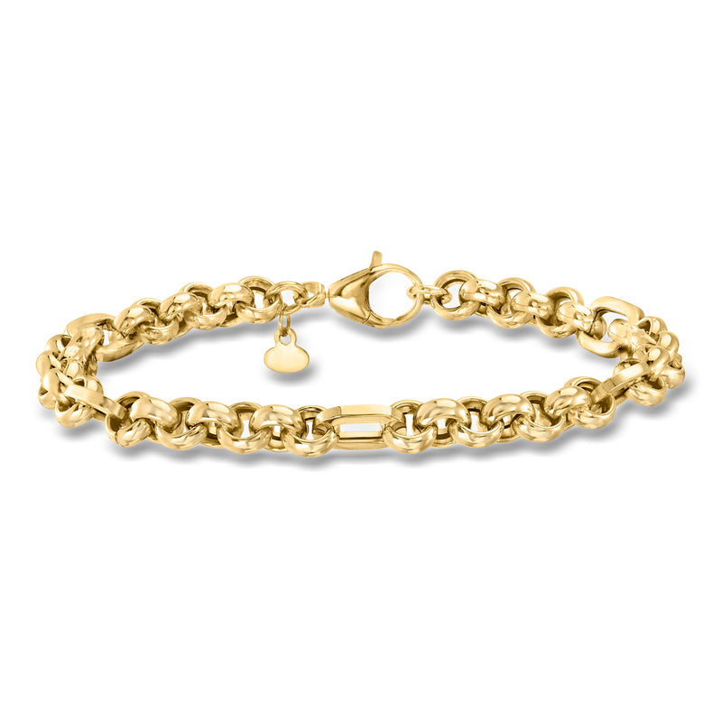 Yellow gold rolo-link bracelet with small heart charm and spring clasp