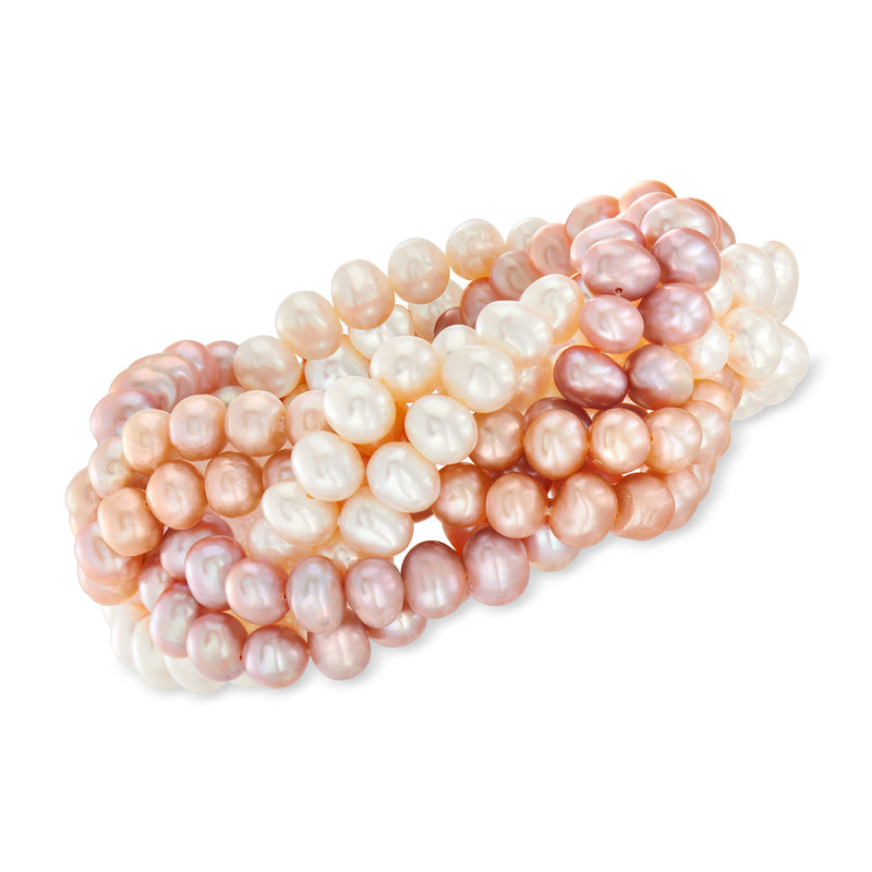 Multicolored cultured pearl braided stretch bracelet with white, peach, and pink pearls
