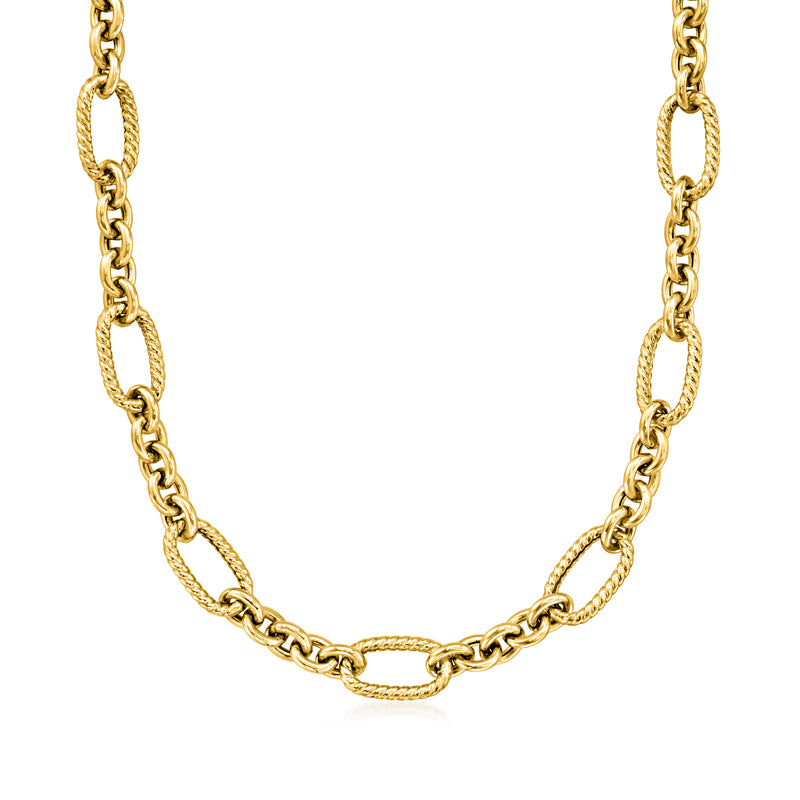 14kt yellow gold twisted alternating-link necklace with open oval and rounded links