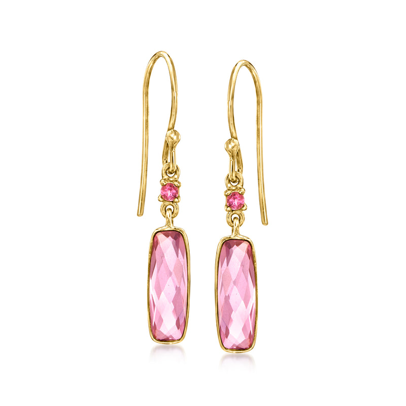 18kt gold over sterling drop earrings with pink faceted topaz and small pink accents