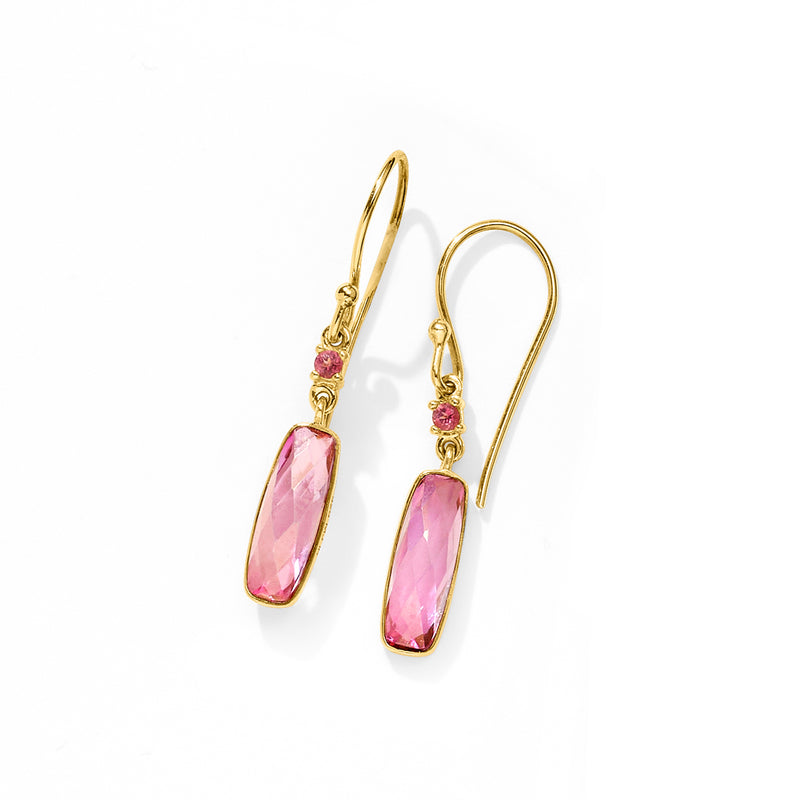 Pink topaz drop earrings in 18kt gold over sterling with faceted oval stones and earwires