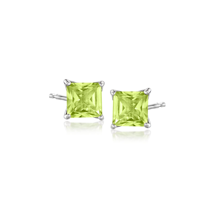 Sterling silver peridot stud earrings, square green stones in four-prong setting