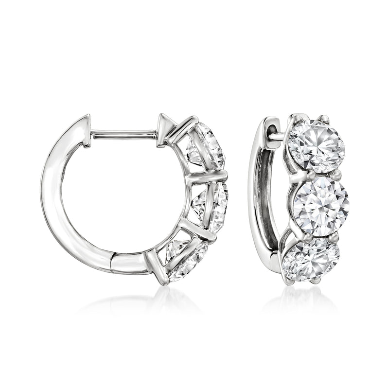 14kt white gold huggie hoop earrings with three lab-grown diamonds, close-set