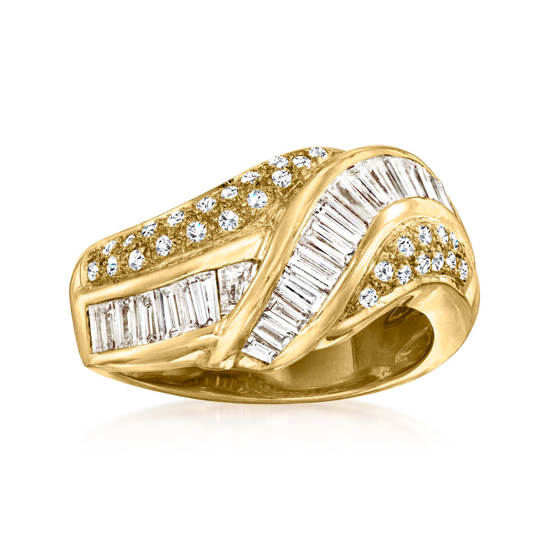 Vintage 18kt yellow gold diamond crisscross ring with baguette and round stones