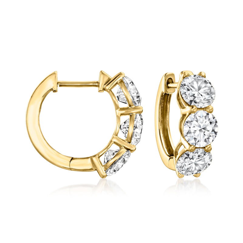 14kt yellow gold huggie hoop earrings with three round lab-grown diamonds