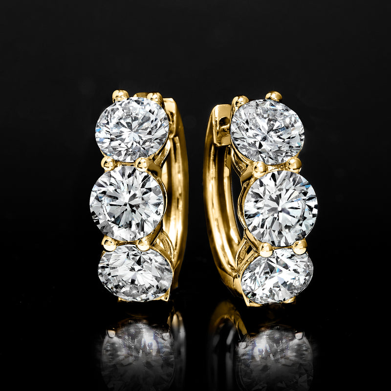 14kt yellow gold huggie hoop earrings with three round lab-grown diamonds, pair