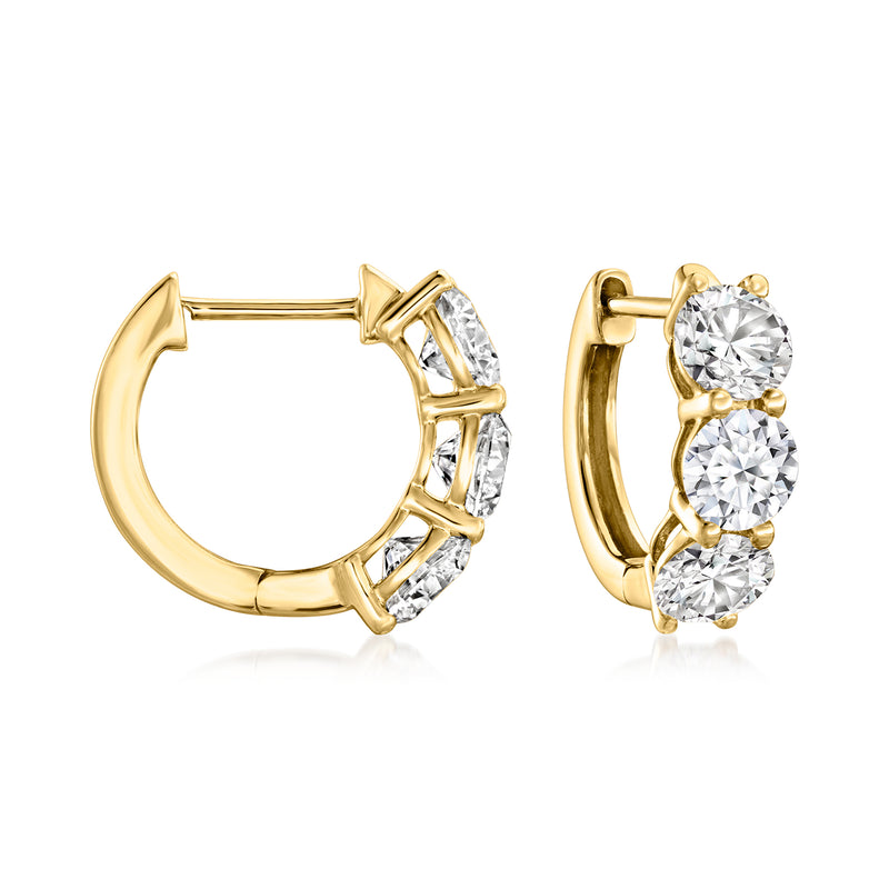 14kt yellow gold huggie hoop earrings with three round diamonds, open back view