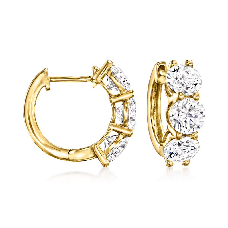 14kt yellow gold huggie hoop earrings with three round lab-grown diamonds