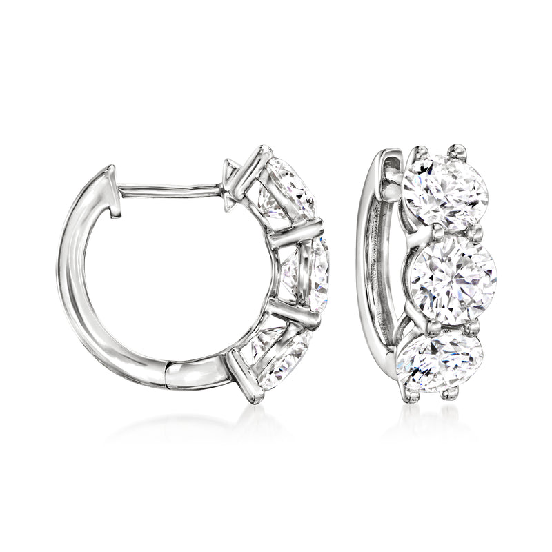 14kt white gold huggie hoop earrings with three round lab-grown diamond stones