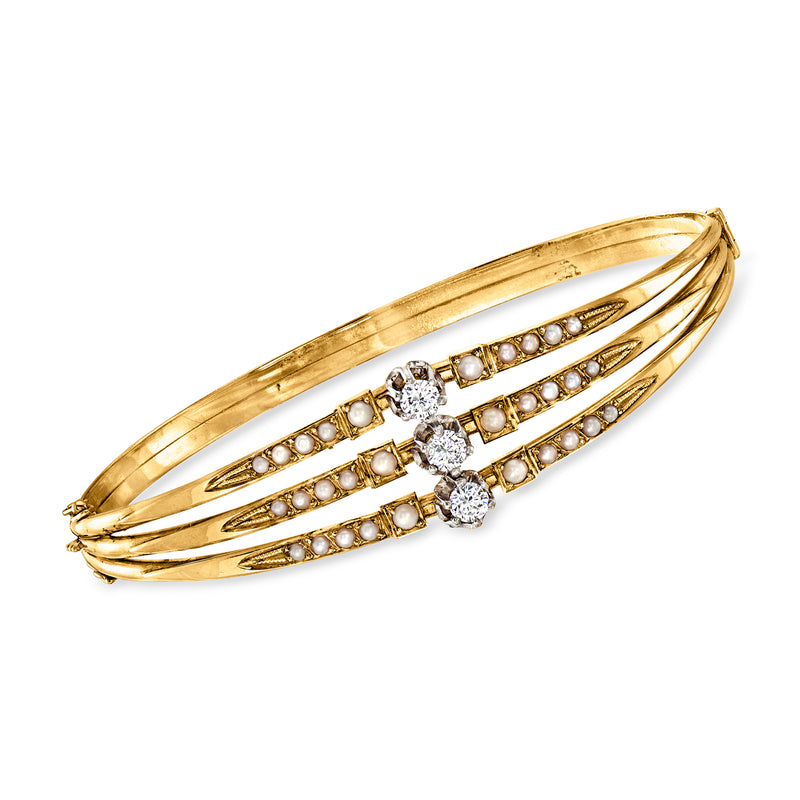 Yellow gold bangle with three rows of pearls and diamond accents