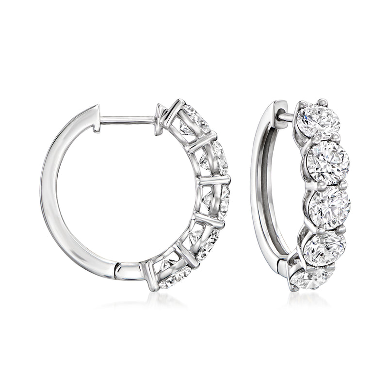 14kt white gold five-stone diamond hoop earrings with round stones, hinged post closure