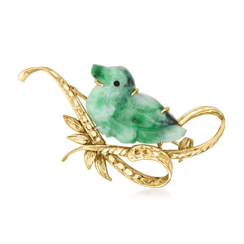 Vintage jade duck pin with onyx eyes, 14kt yellow gold setting