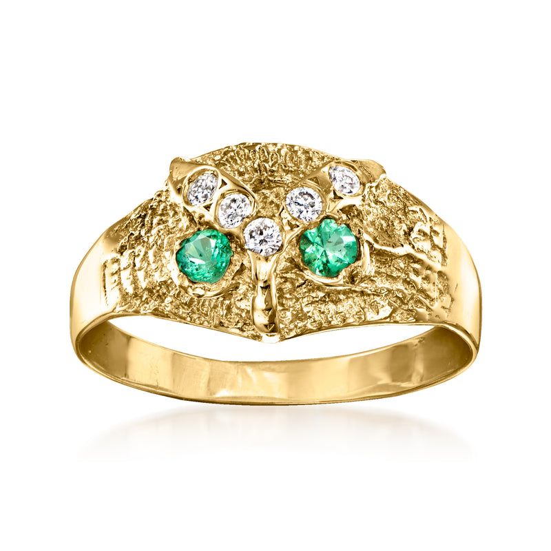 18kt yellow gold owl ring with green gemstone eyes and clear diamond accents