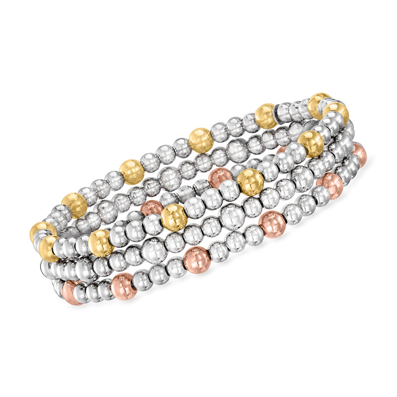 Three bead stretch bracelets in silver, gold, and rose-gold tones with 4–5mm beads.
