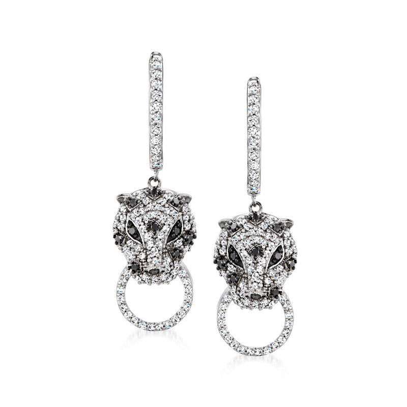 Sterling silver diamond leopard hoop drop earrings with black-and-white accents