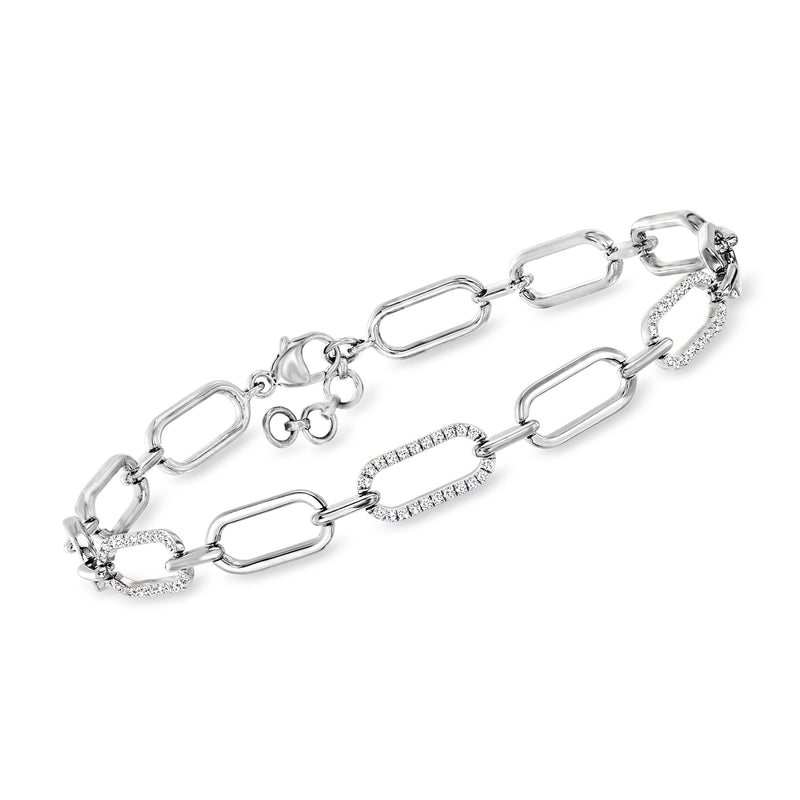 Diamond paper clip link bracelet in sterling silver with pave accents