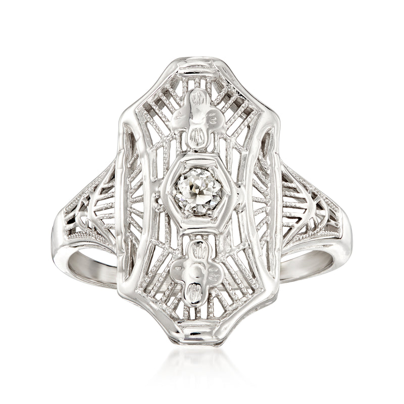 Vintage 18kt white gold diamond filigree ring with round center stone