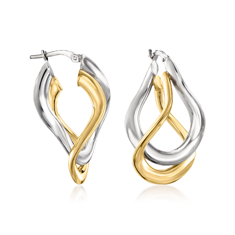 Two-tone sterling silver curved double-hoop earrings with gold inner loops