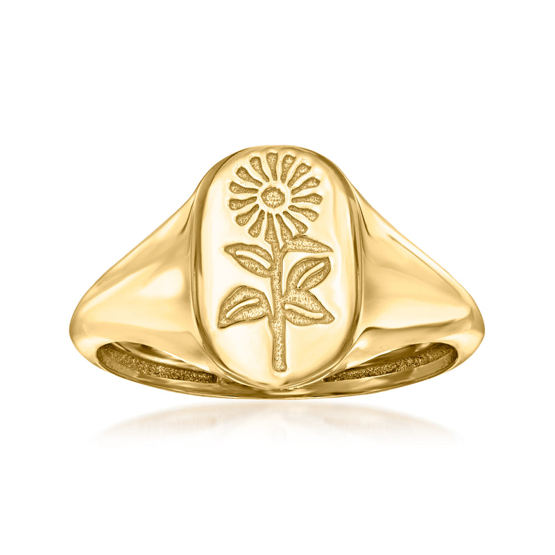 Yellow gold sunflower signet ring with engraved flower and leaves
