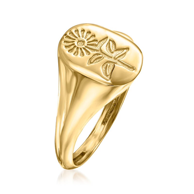 Yellow gold sunflower signet ring, side view with engraved floral motif
