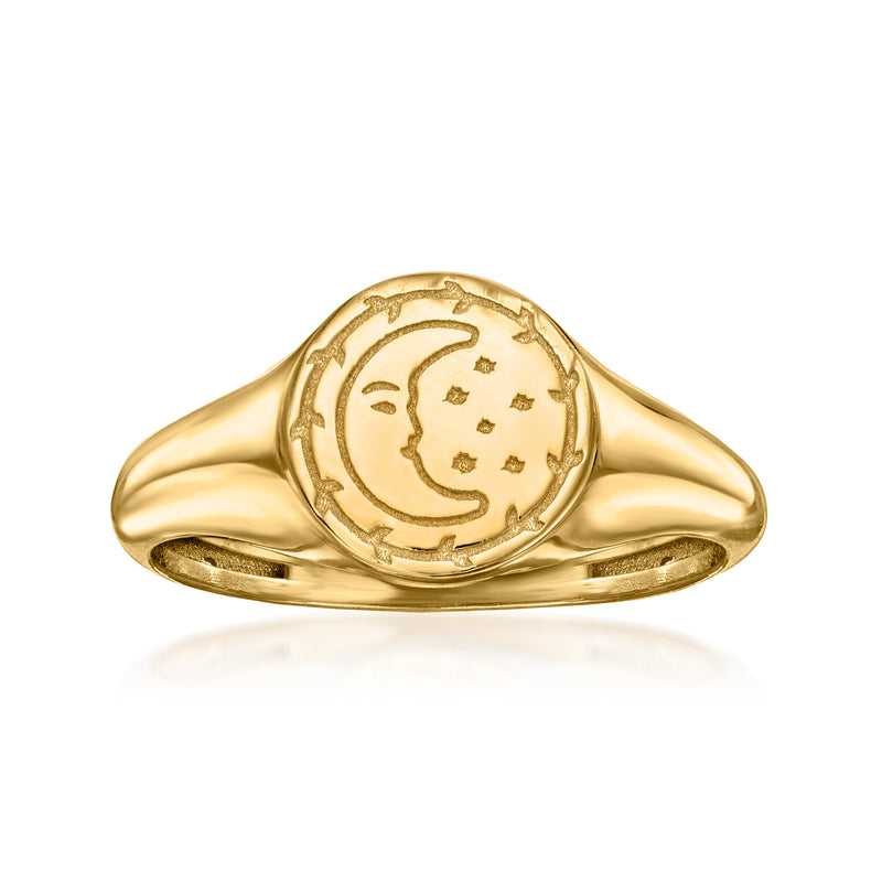 14kt yellow gold signet ring with engraved moon and star motif