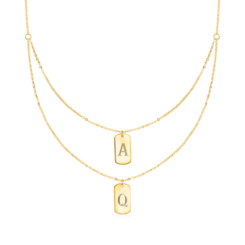 14kt yellow gold personalized double dog tag layered necklace with A and Q letters