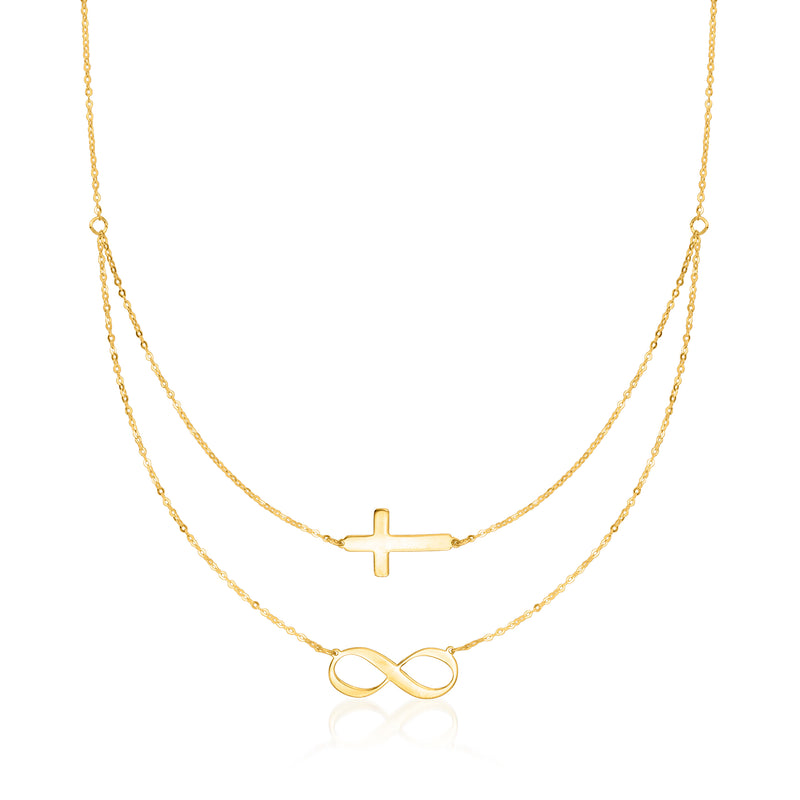 14kt yellow gold layered necklace with cross and infinity symbol charms