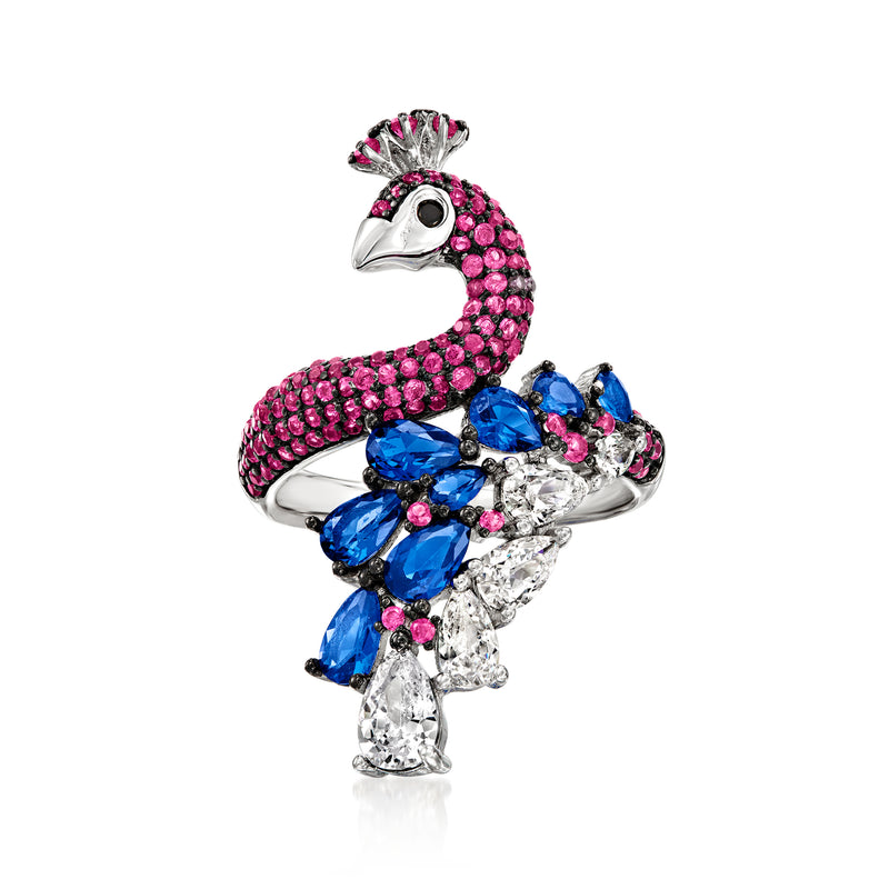 Sterling silver peacock ring with pink and blue gemstone accents, black details, openwork setting