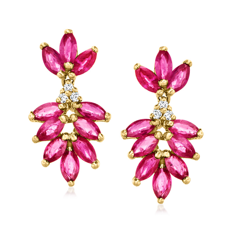 Pink ruby leaf drop earrings in 14kt yellow gold with diamond accents