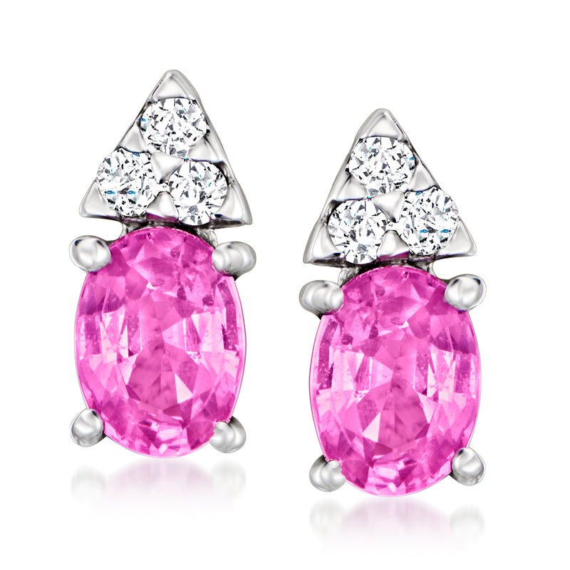 Pink sapphire and diamond drop stud earrings, pink oval gemstone with white gold posts