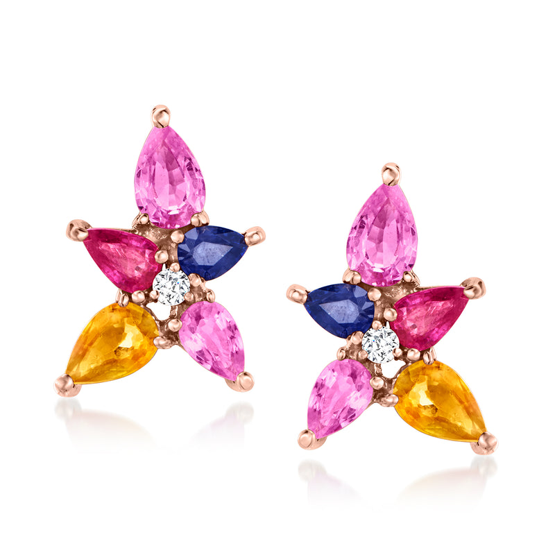 Rose gold starburst gemstone drop earrings with pink, blue, and yellow teardrops, post backs