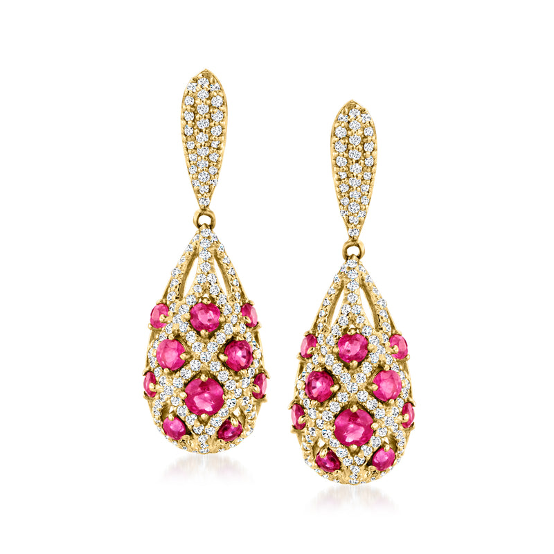 Ruby and diamond drop earrings in 14kt yellow gold
