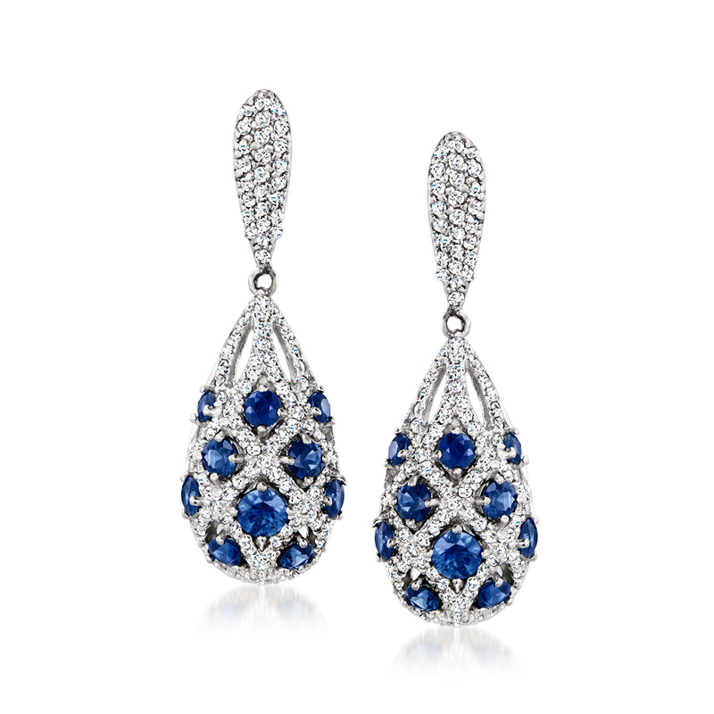 Teardrop drop earrings in 14kt white gold with blue sapphire and diamond cluster design