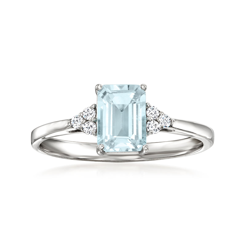 14kt white gold aquamarine and diamond ring, emerald-cut center with side clusters