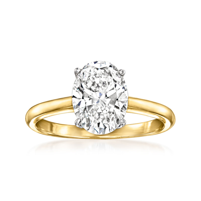 14kt yellow gold solitaire ring with oval lab-grown diamond, four-prong setting
