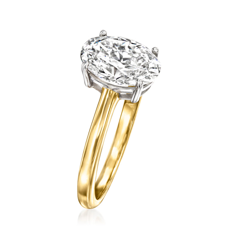 Side view: 14kt yellow gold solitaire ring with oval lab-grown diamond