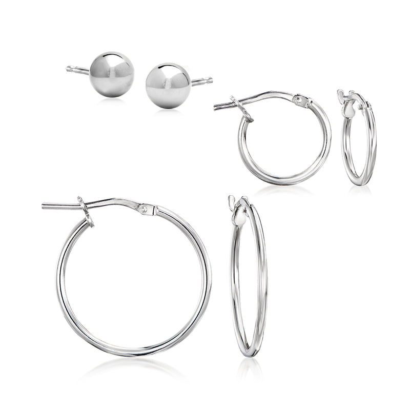 Sterling silver hoop and stud earring set: round ball studs and hinged hoop earrings.