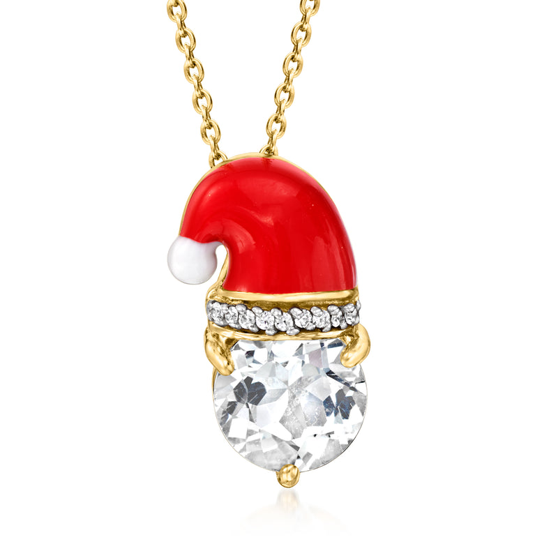 3.50 ct. t.w. White Topaz Santa Hat Pendant Necklace with Multicolored Enamel in 18kt Gold Over Sterling. 18"