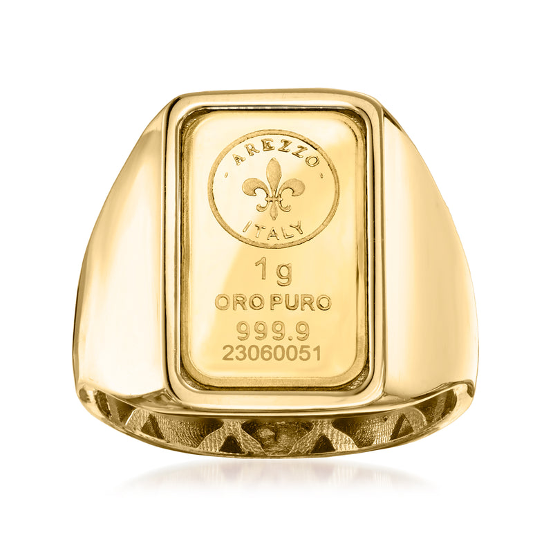 Yellow gold signet ring with engraved square insert, fleur-de-lis and “19 ORO PURO 999.9”.